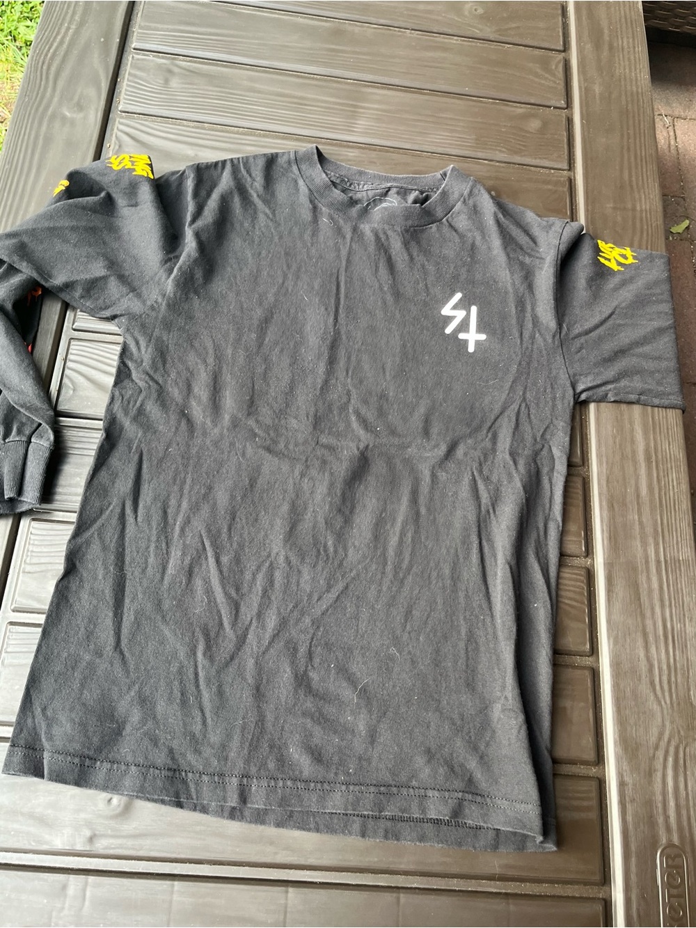 Black Long Sleeve Tee with White 'S/' Chest Logo & Yellow Sleeve Graphics
